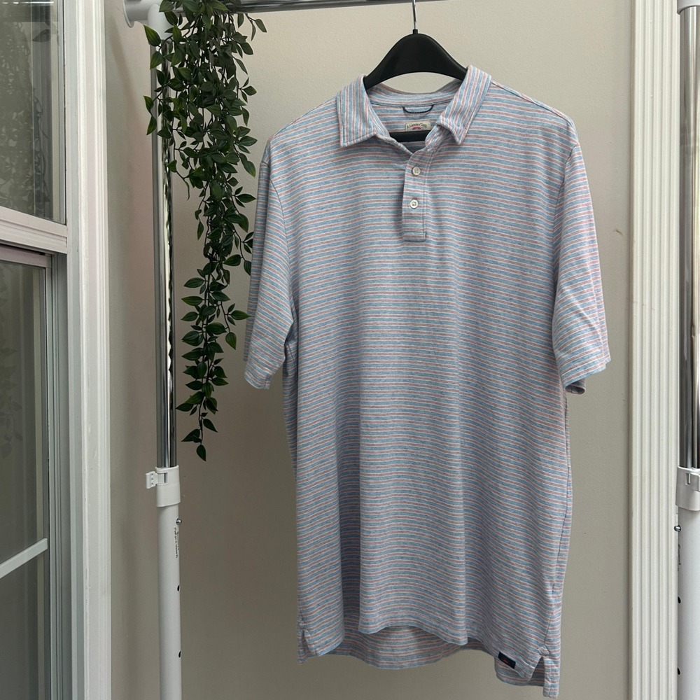 Faherty Brand Striped Short Sleeve Polo Blue Red Sz LT